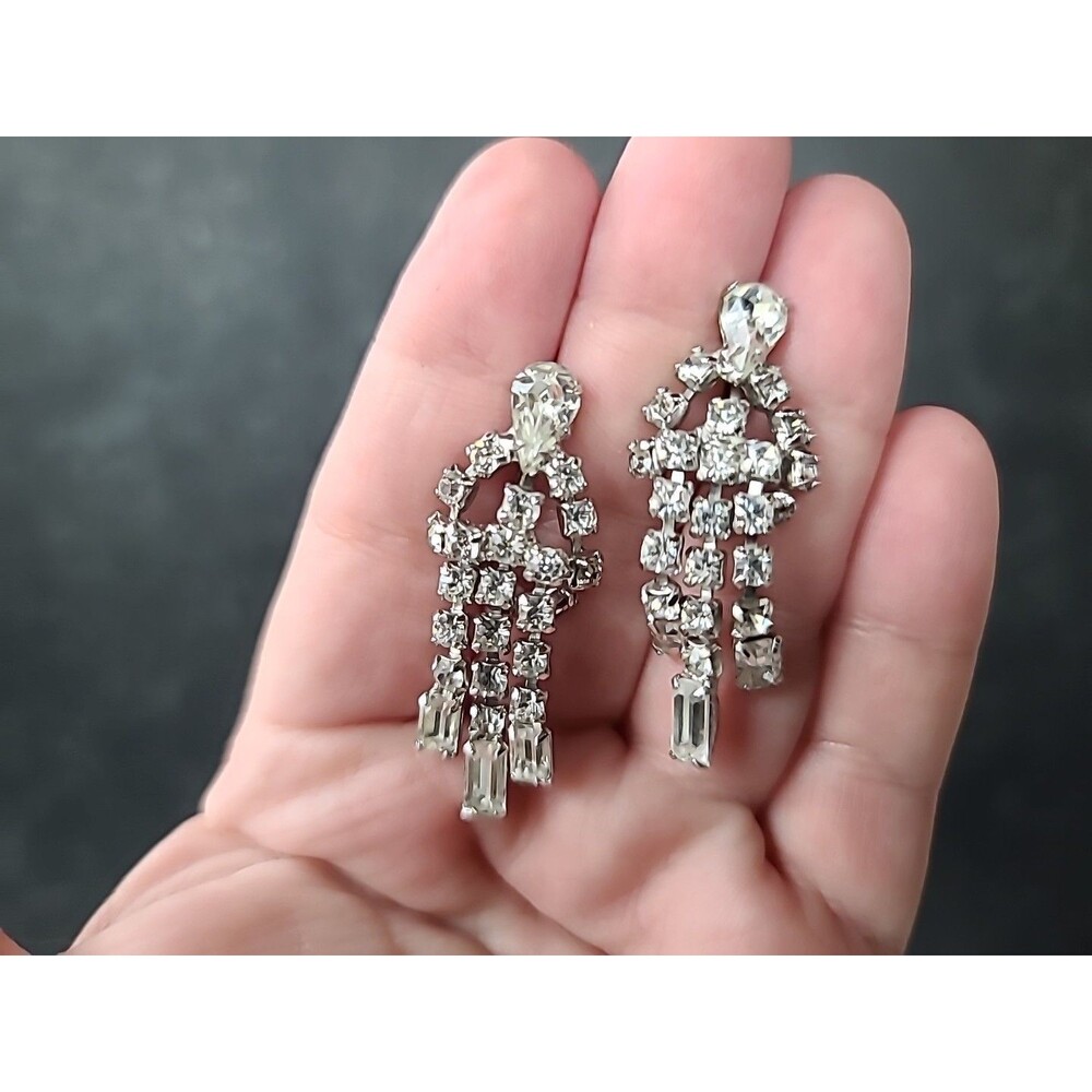 Prong Set Clear Rhinestone Dangling Screwback Earrings Vintage Costume Jewelry